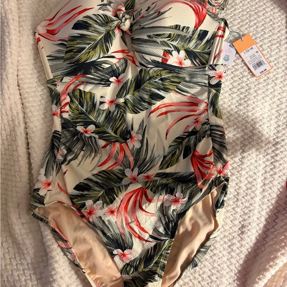 Green and Red One Piece Swimwear with Tropical Print